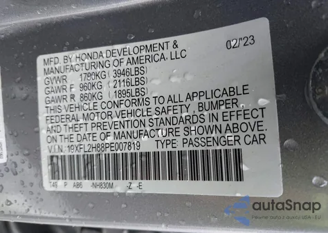2023 Honda Civic Sport из США, поврежденный, VIN 19XFL2H88PE007819
